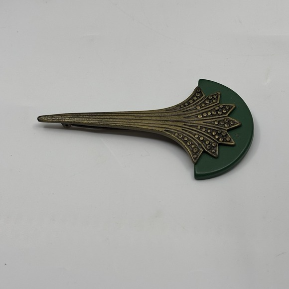Vintage Art Deco Style Fan Brooch Statement Metal Plastic Bronze Green Pin - Picture 3 of 8